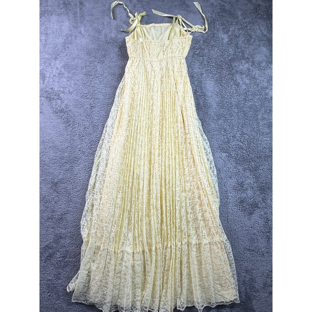 Vintage 70s Yellow Lace Maxi Dress Tie Shoulder Straps Boho Empire Waist Floor - Picture 2 of 9